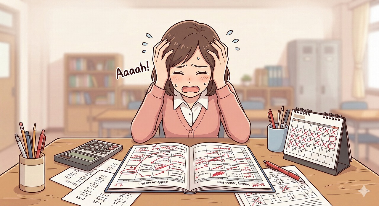 悩む先生のイラスト