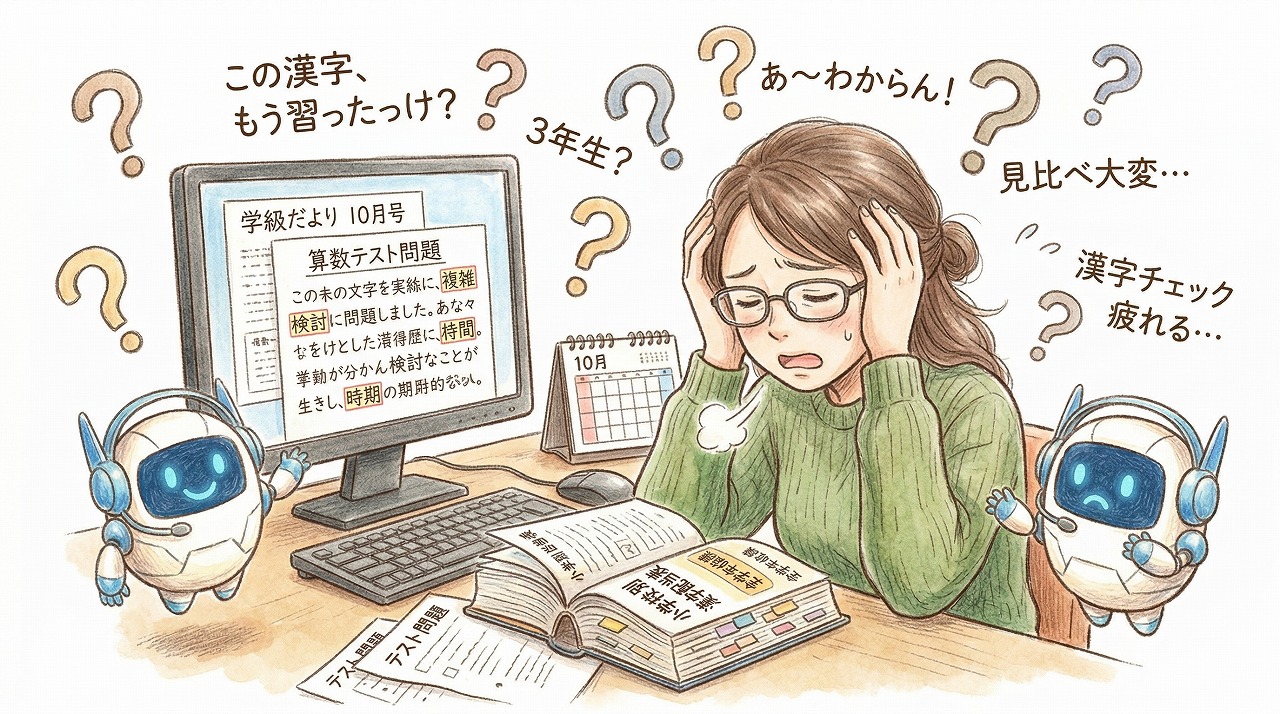 漢字の配当表とにらめっこして悩む先生のイラスト