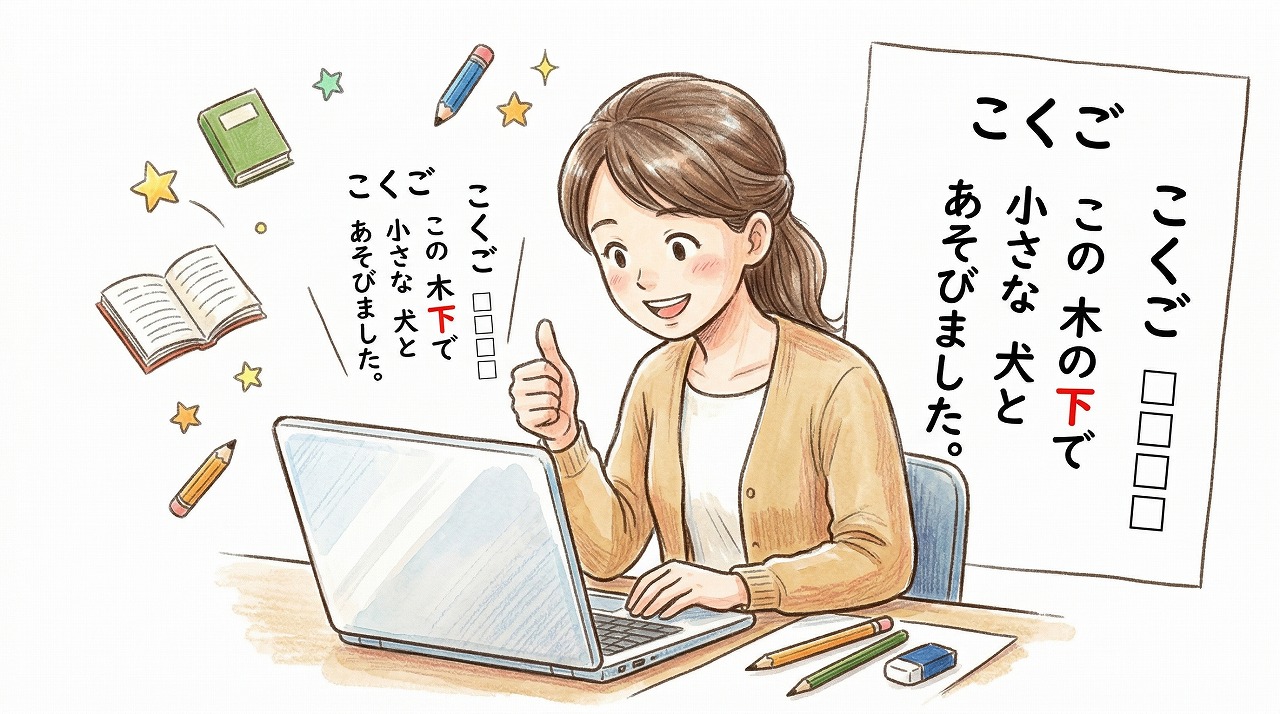 未習漢字チェックアプリを使って笑顔でガッツポーズをする先生