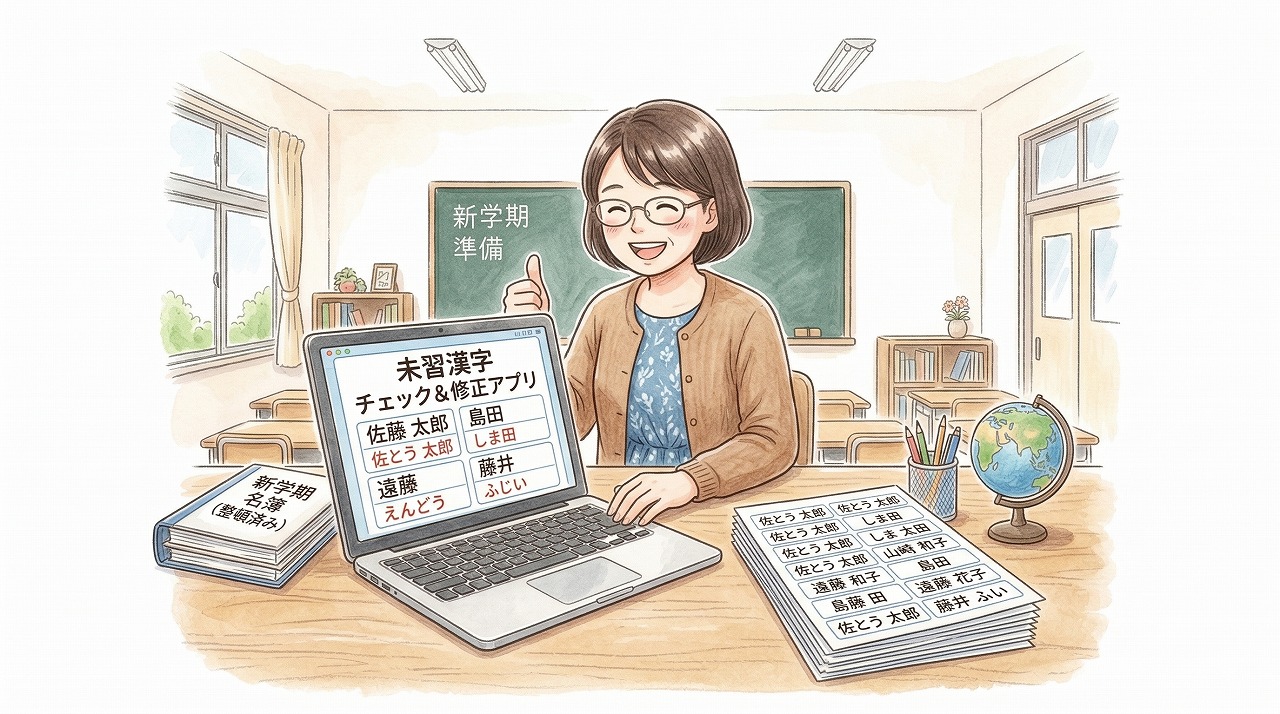 未習漢字アプリで笑顔になる先生