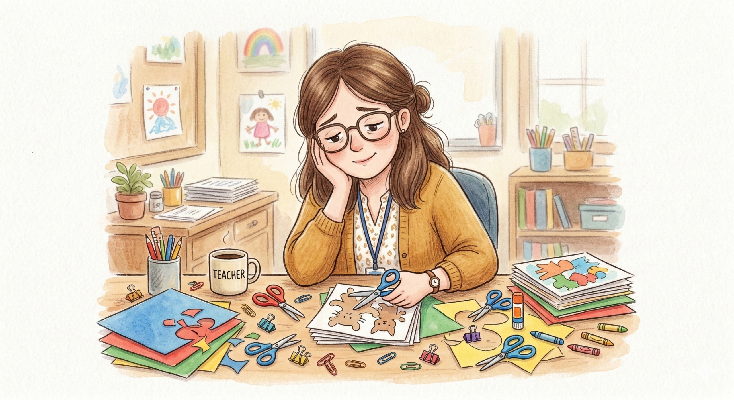 手作りに悩む先生のイラスト