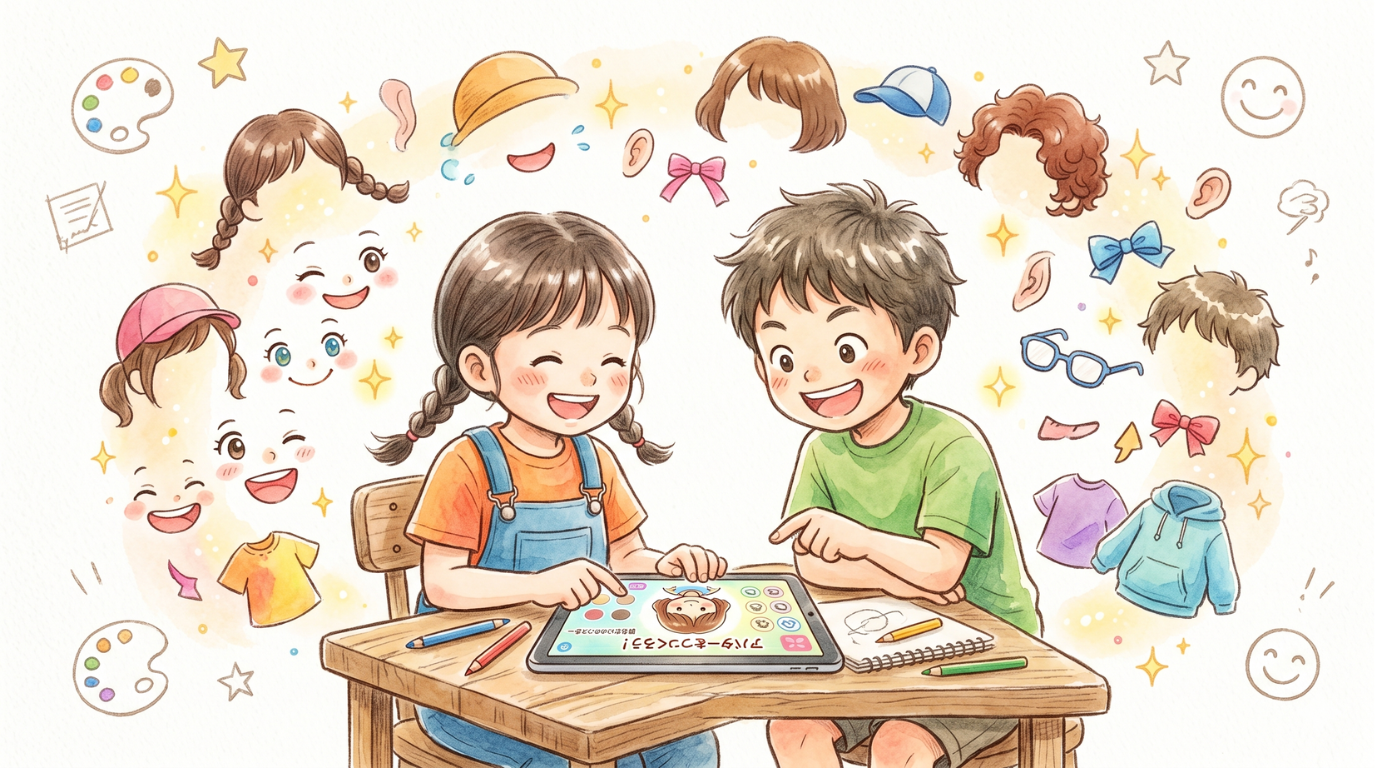 タブレットで楽しくアバターを作っている子どもたち
