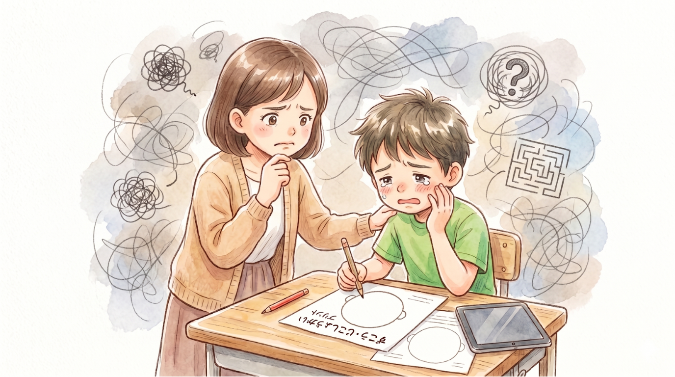 自分の顔の絵が描けずに困っている男の子と見守る先生