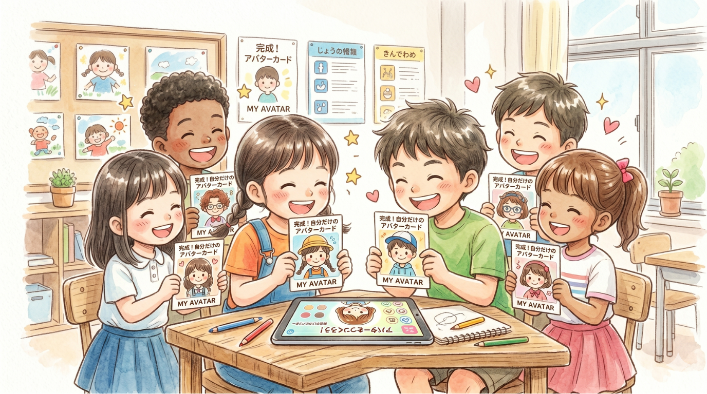 完成したアバターを見せ合って笑う子どもたち