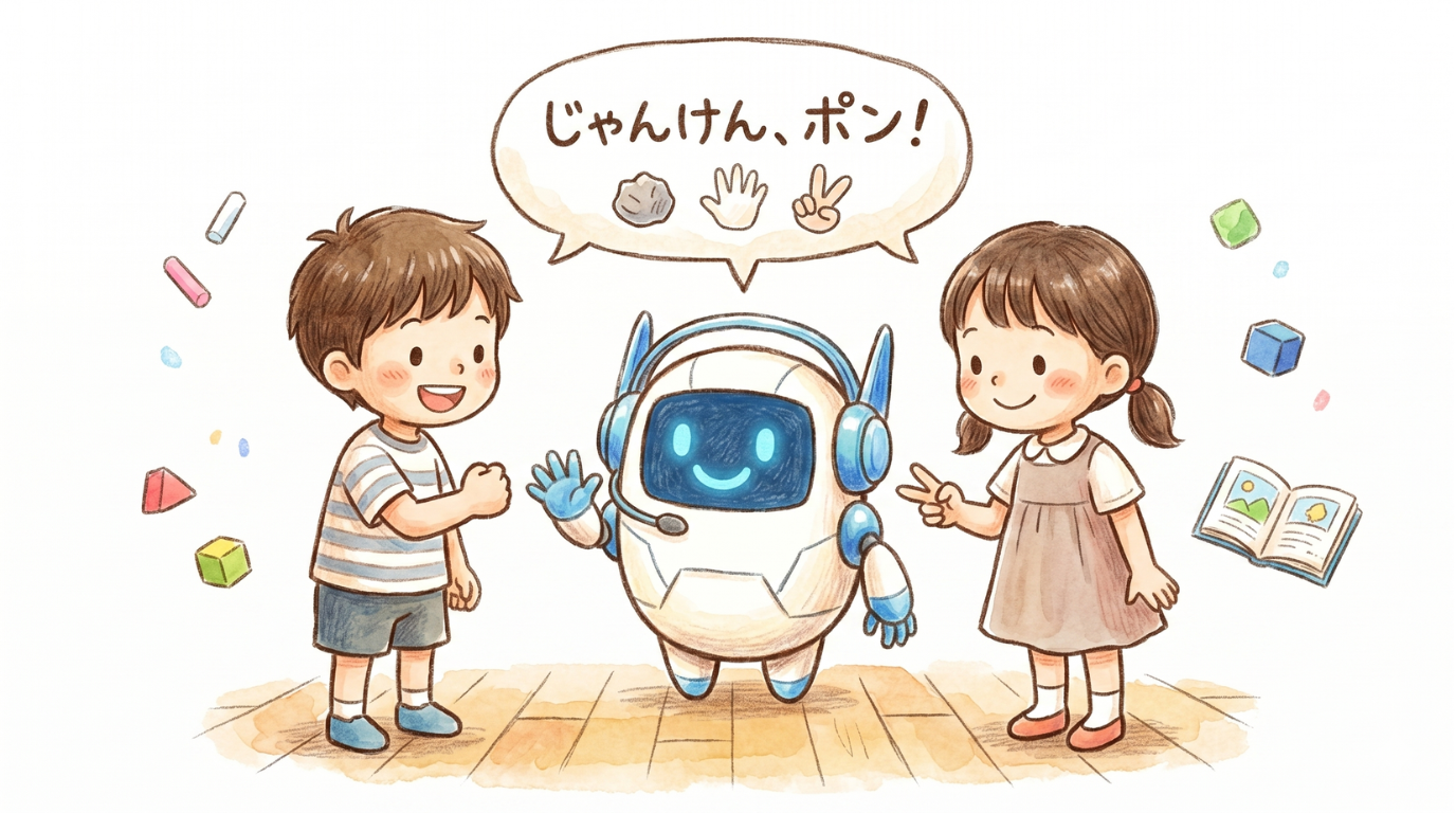 でじらぼジャンケンで遊ぶ子どもたちとジェムえもん