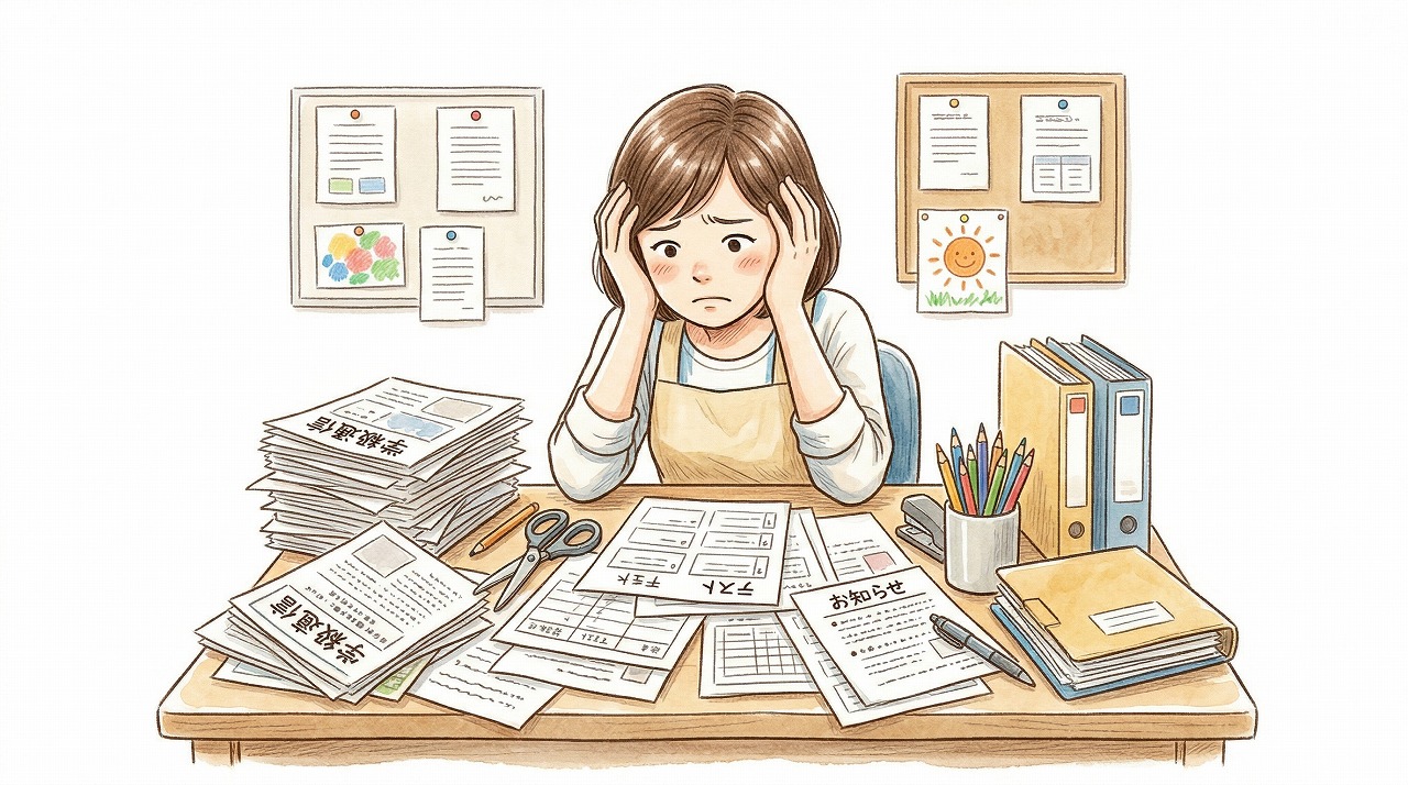 お題作りに悩む先生のイラスト