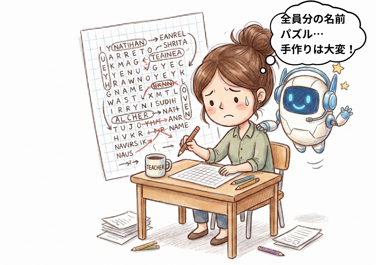 ワードサーチ作りに悩む先生のイラスト
