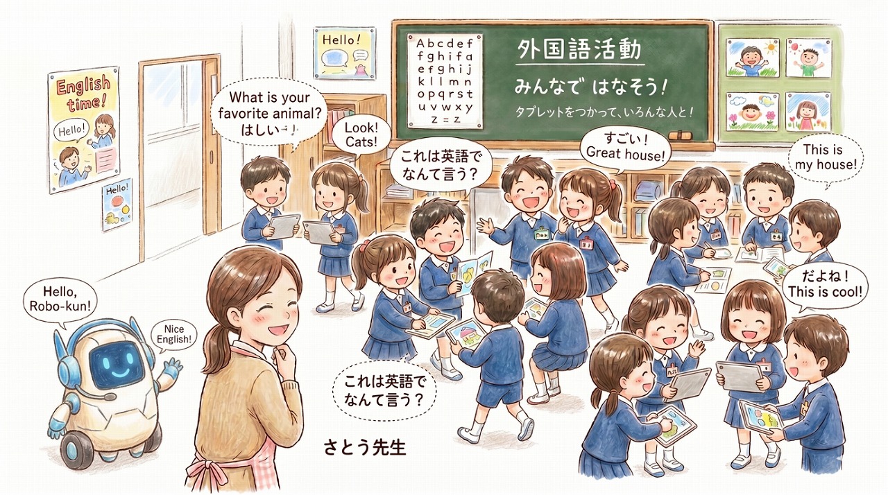 みんなで楽しく交流ビンゴをする子どもたちと先生