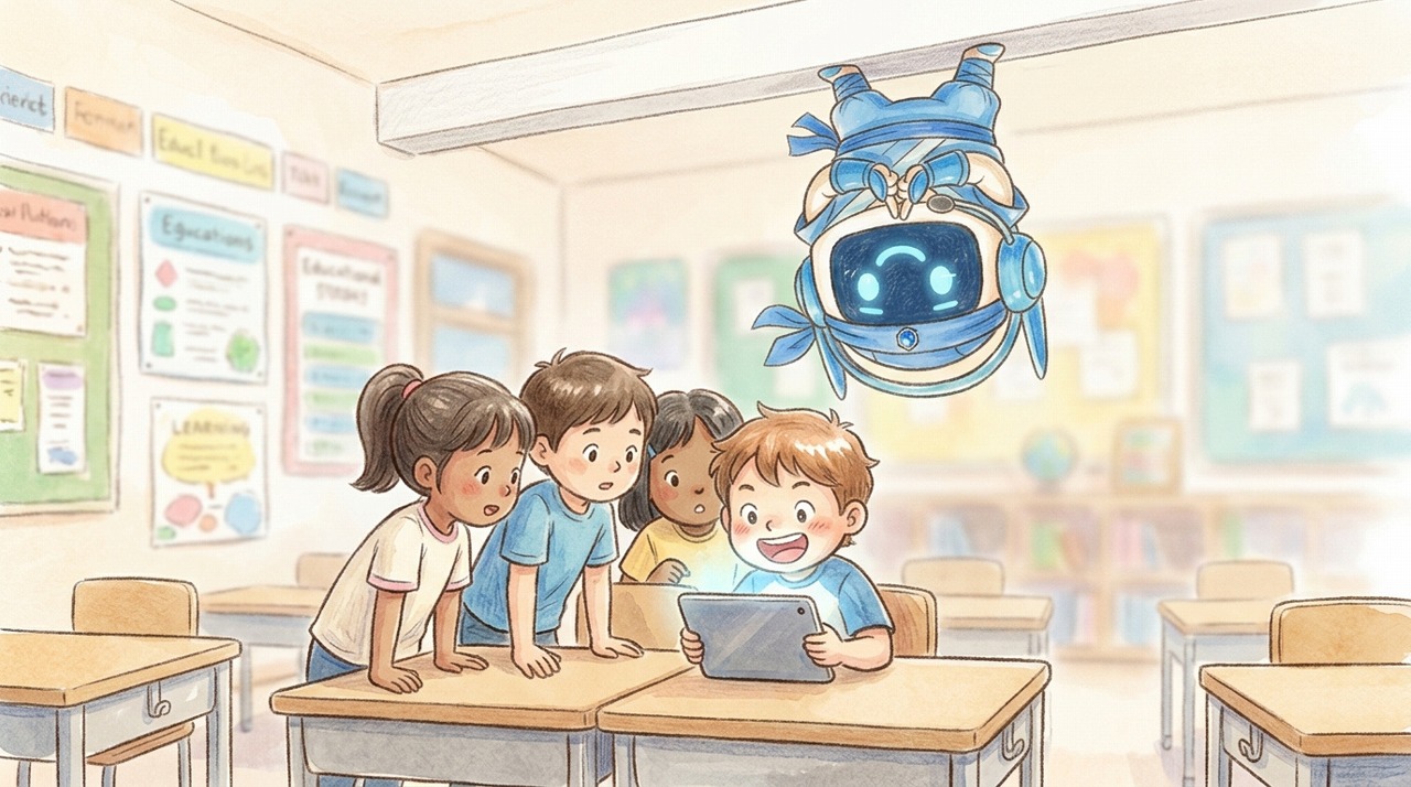 教室で夢中になって九九アプリに取り組む子どもたちとジェムのすけ