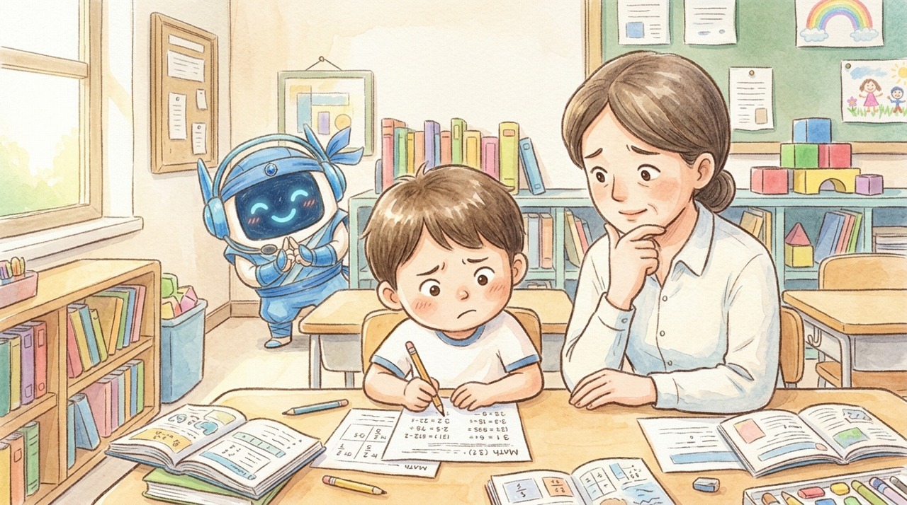 九九の学習に困っている児童と悩む先生