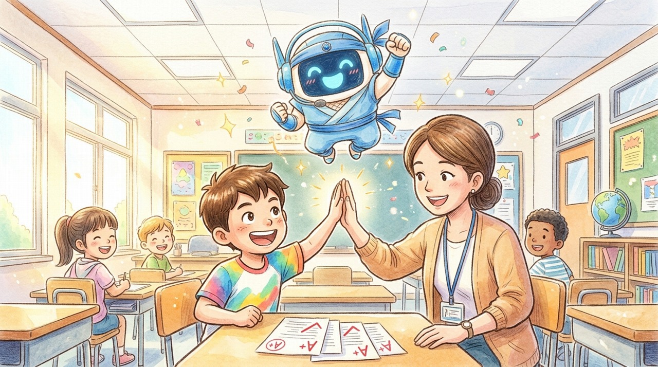 九九をマスターして喜ぶ児童とハイタッチする先生