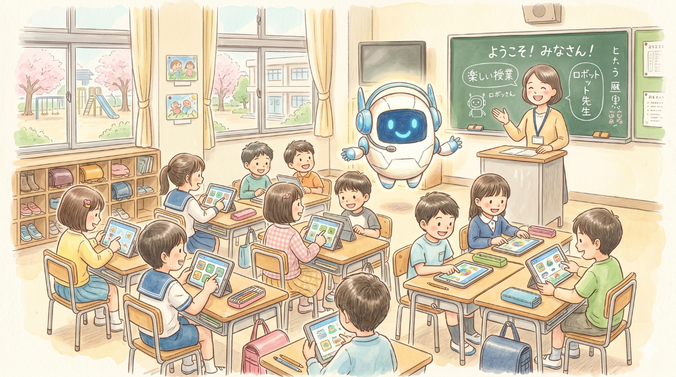 外国語の授業でタブレットを使って楽しく学習する子どもたちと先生