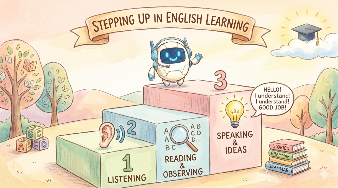 英語学習がスモールステップで進むイメージイラスト