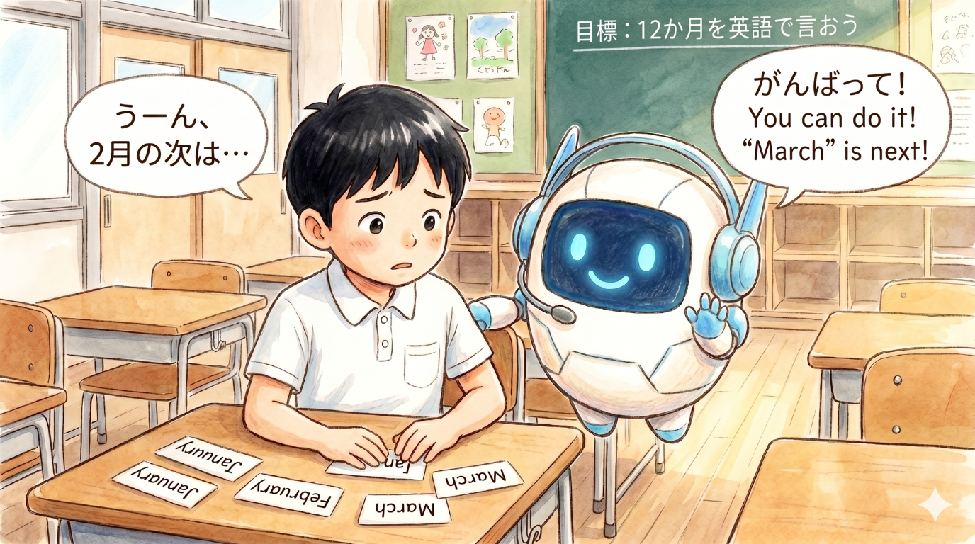月の英語が覚えられず悩む男の子と寄り添うジェムえもんのイラスト