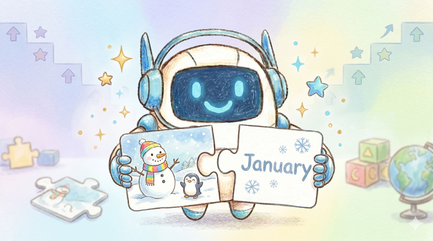 パズルを繋げてステップアップしていくジェムえもんのイラスト