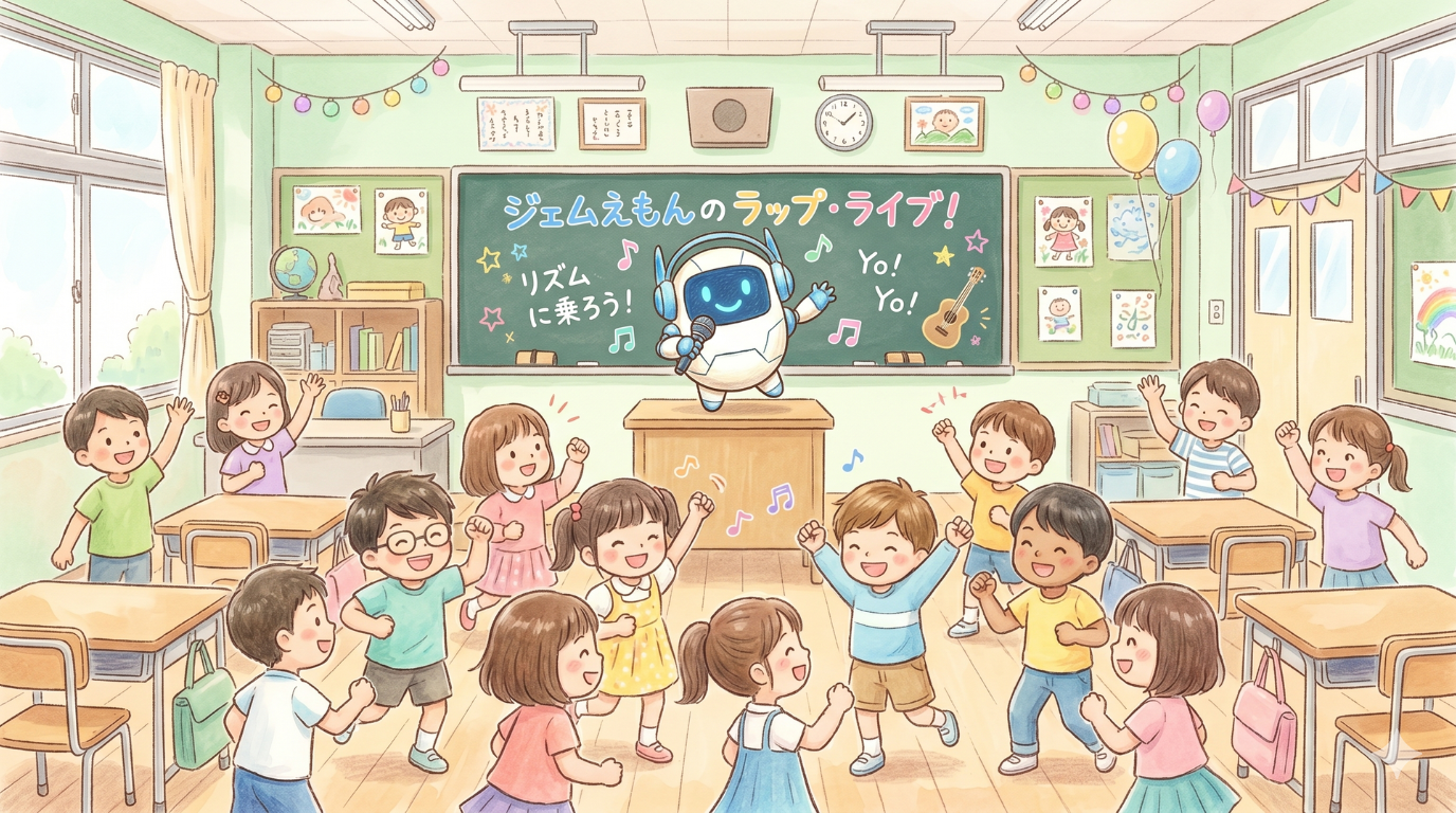 ジェムえもんと楽しく踊る子どもたち
