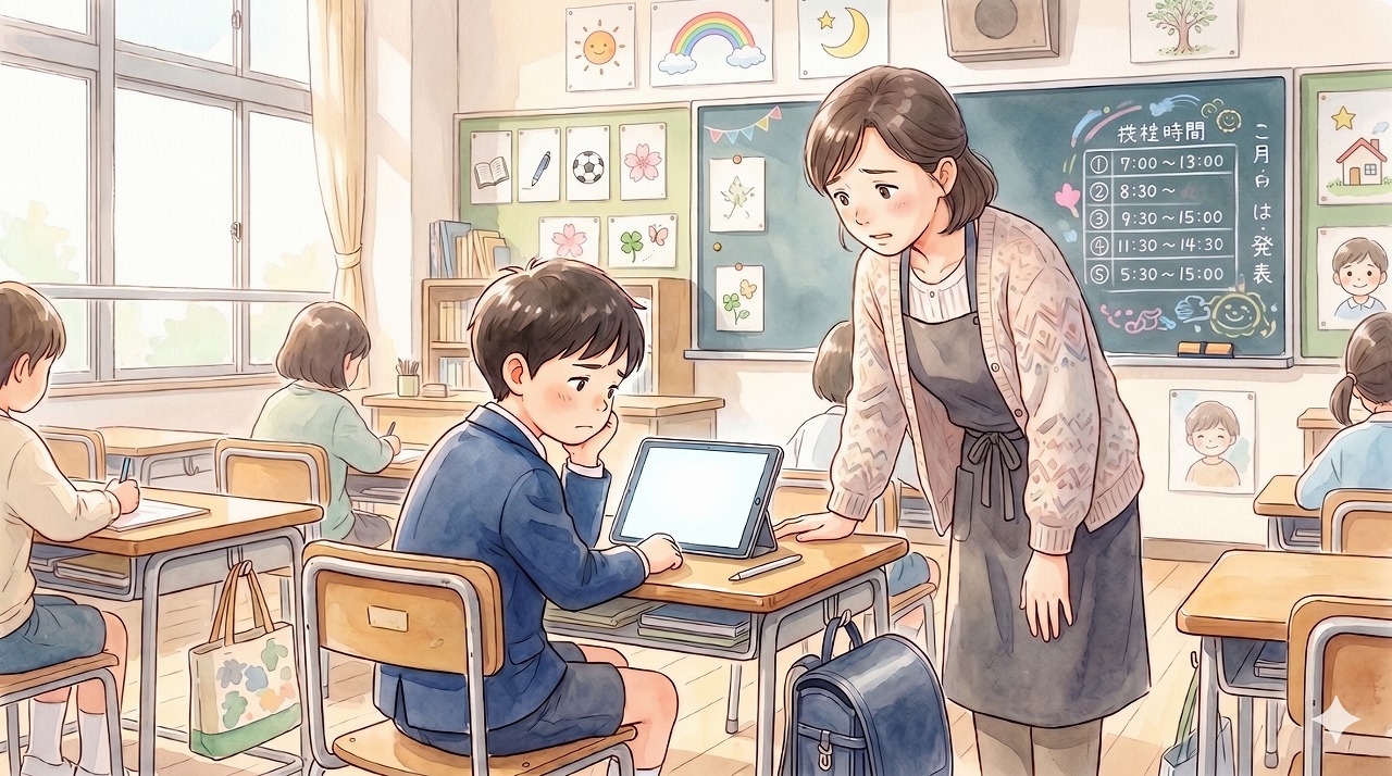 イラストが描けずに困っている子どもと先生