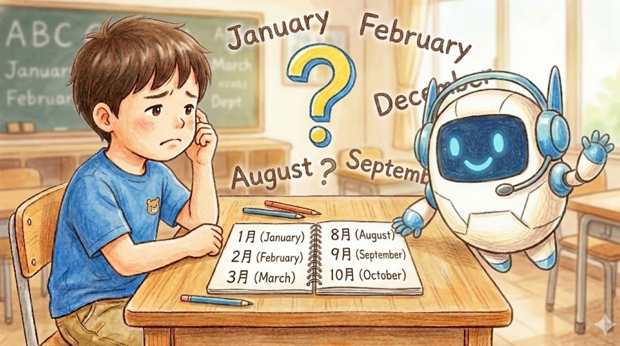 英語の月名で困っている男の子を優しく見守るジェムえもん