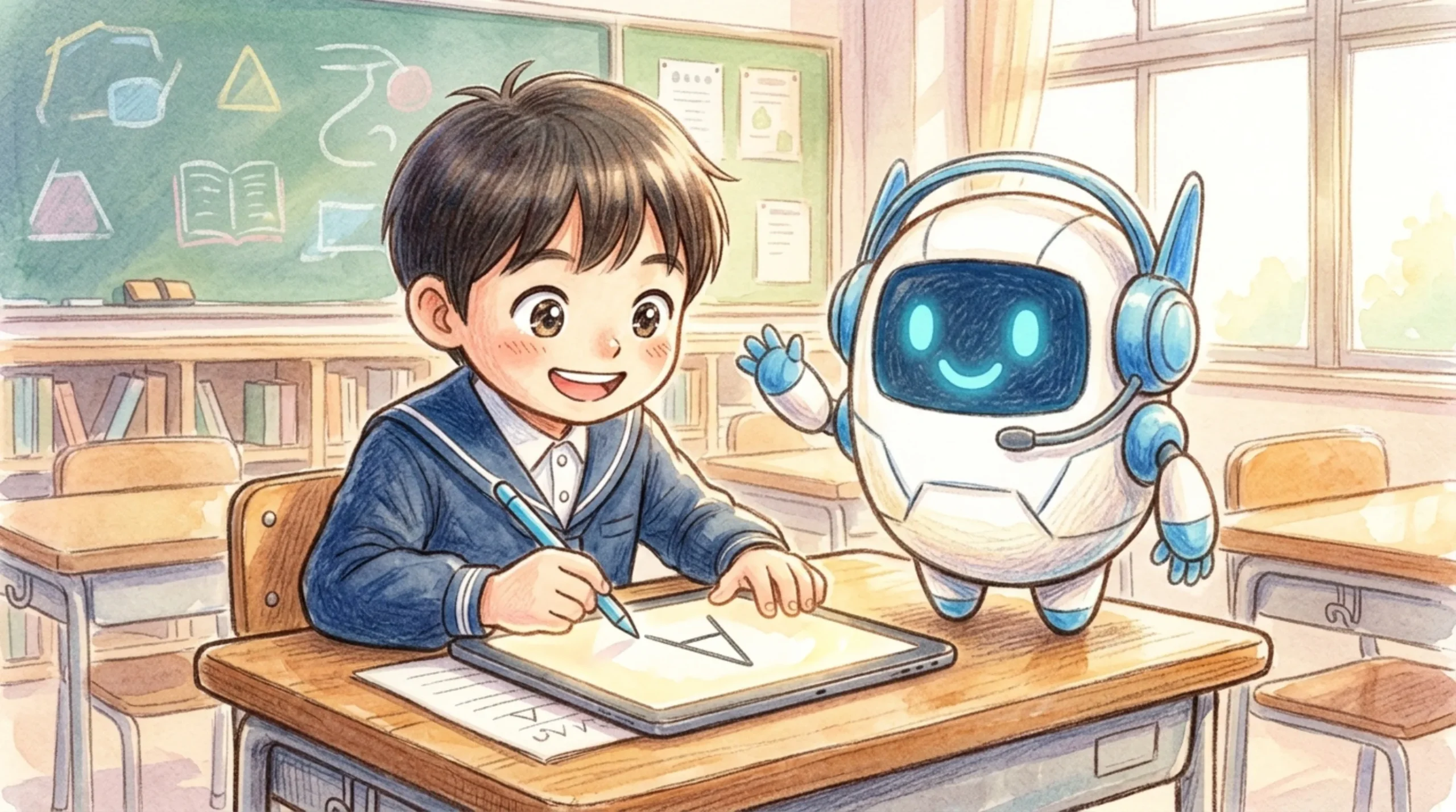 タブレットでなぞり書きをする子ども