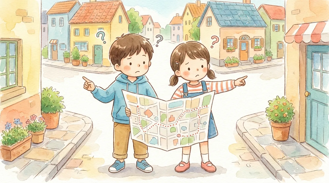 地図を見ながら右と左で迷う子どもたち