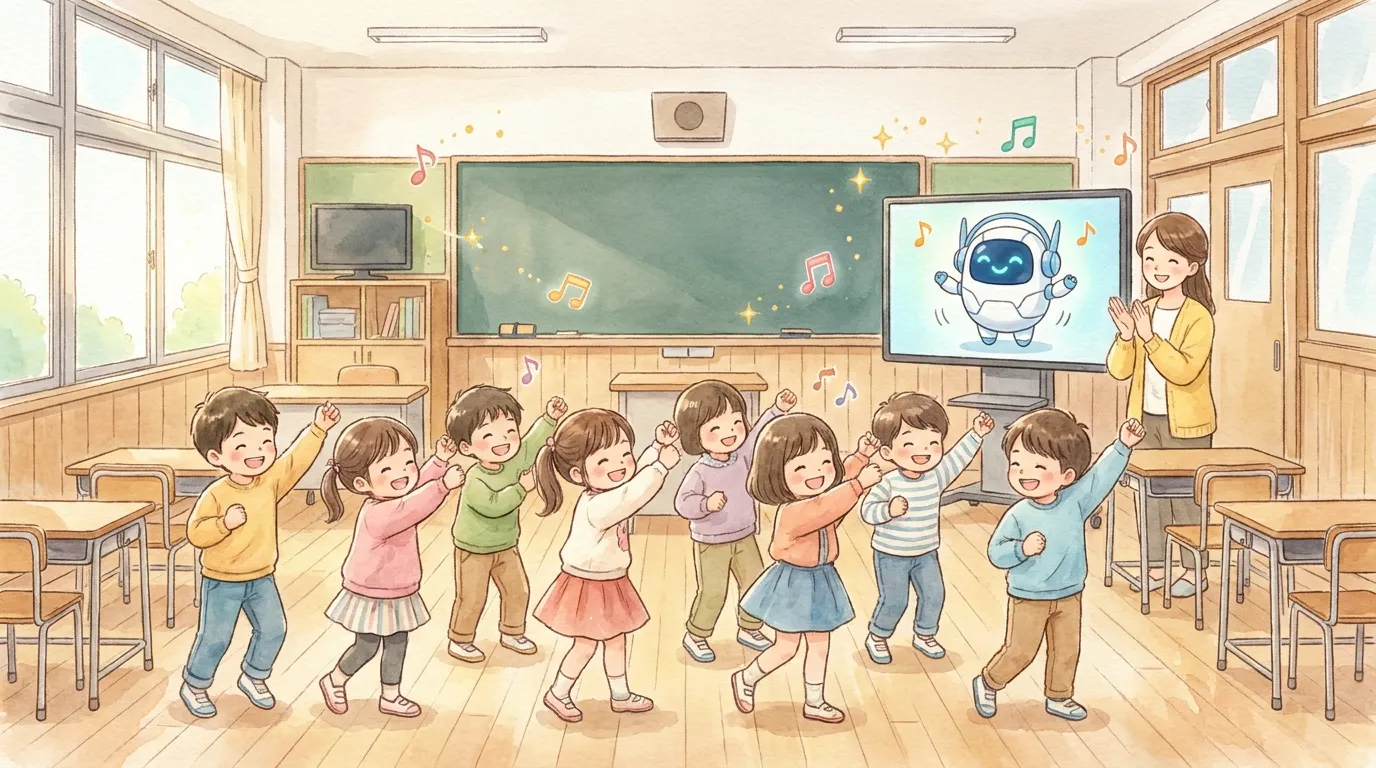 動画に合わせてみんなで回って踊る子どもたち