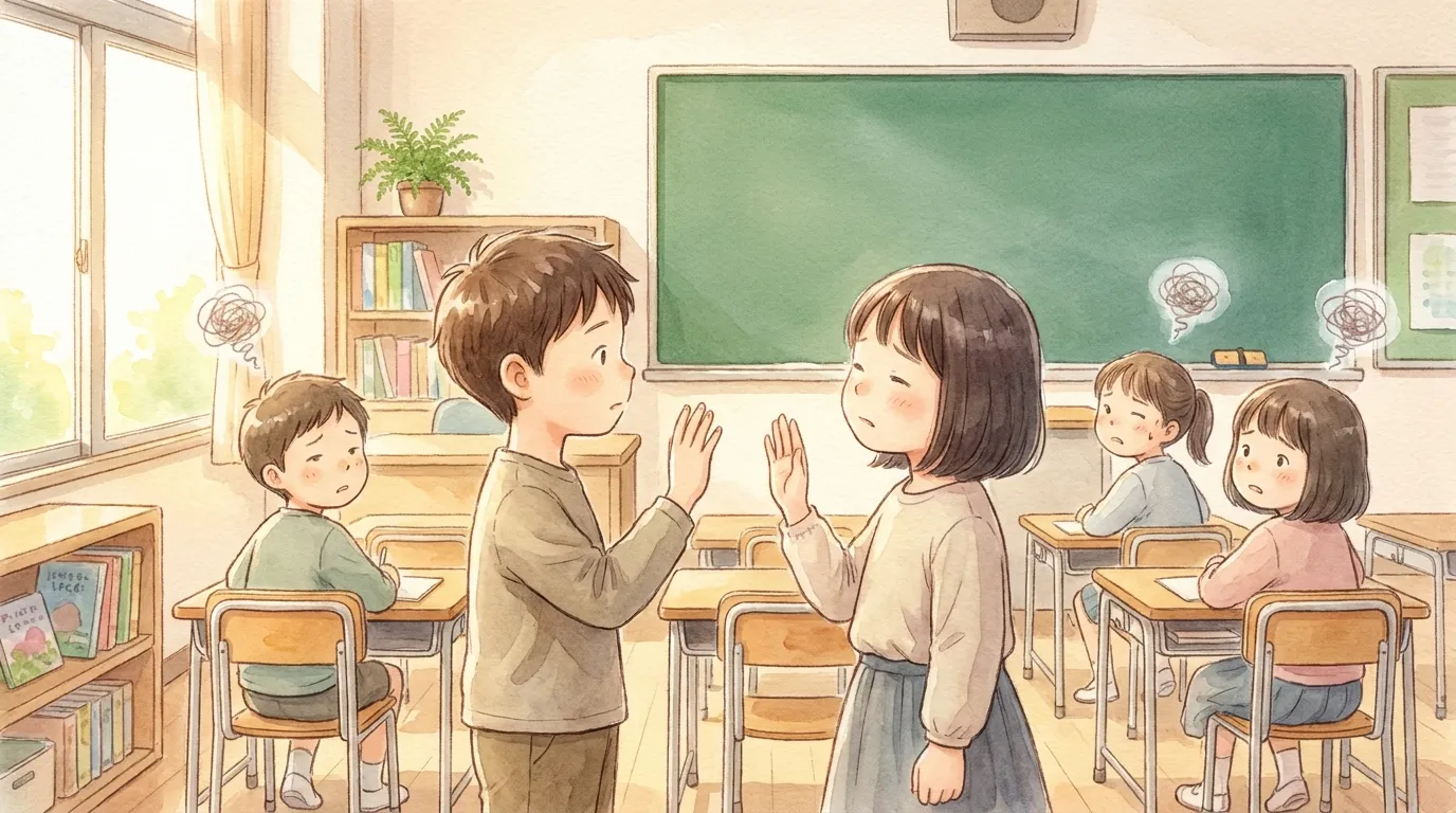 向かい合って右手を上げ、手の位置が逆に見えて首をかしげる子どもたち