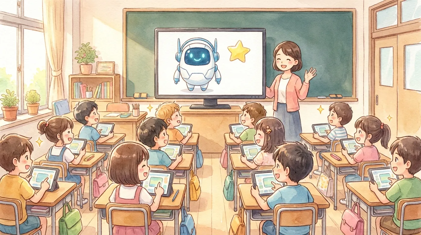 テレビに映ったジェムえもんを見ながら、タブレットで一斉に答える子どもたち