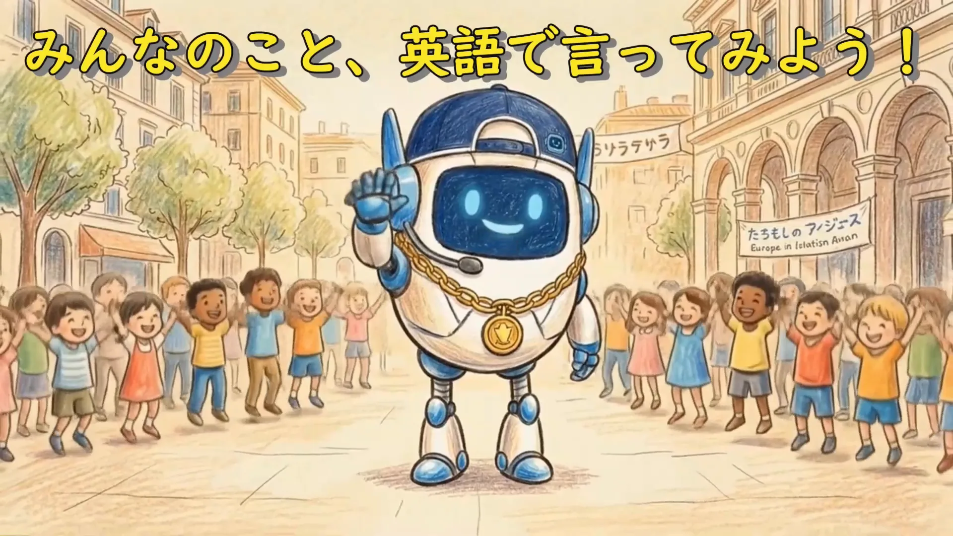 みんなのこと、英語で言ってみよう！と呼びかけるジェムえもん