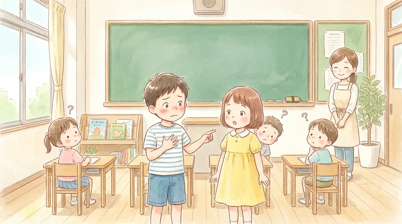 友だちを紹介しながら、自分の胸と友だちを指さして迷う男の子