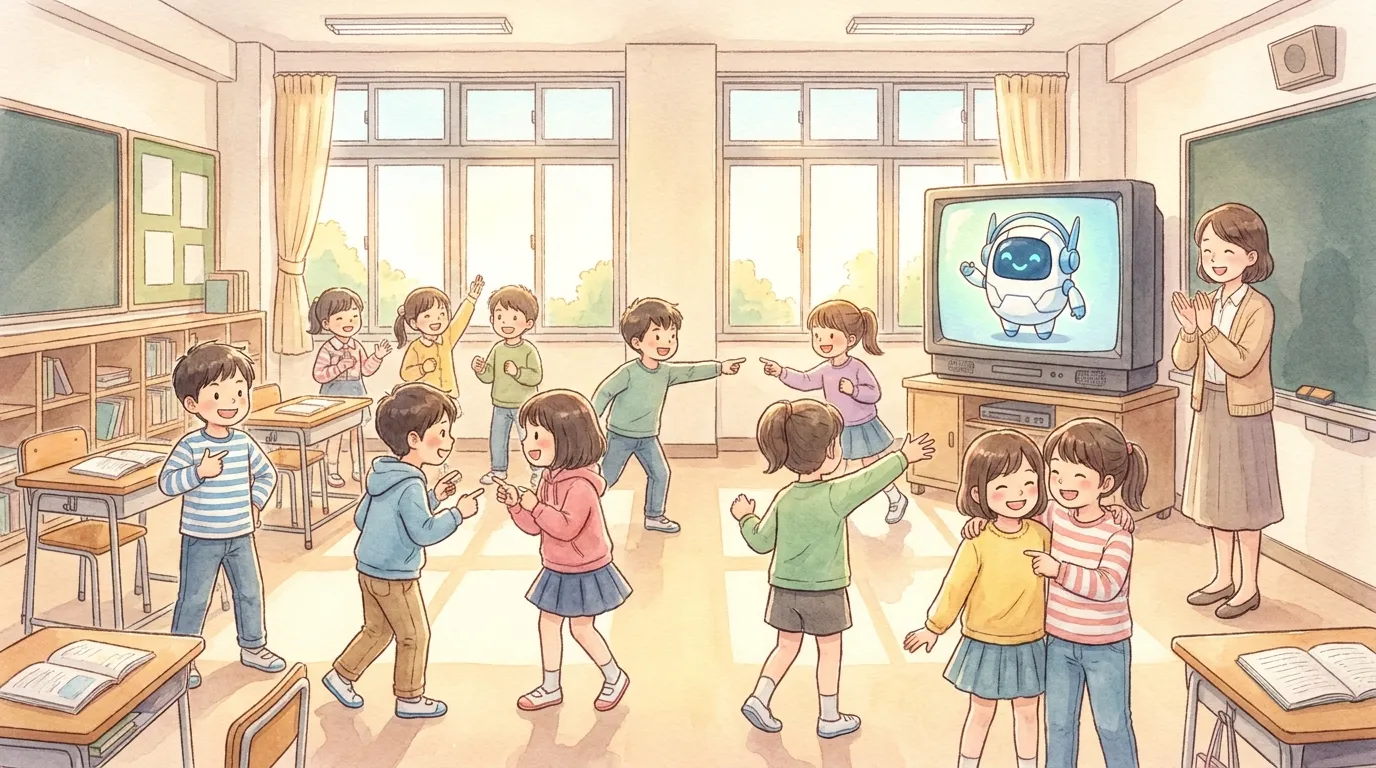 動画に合わせて、自分や友だちを指さしながら歌う子どもたち