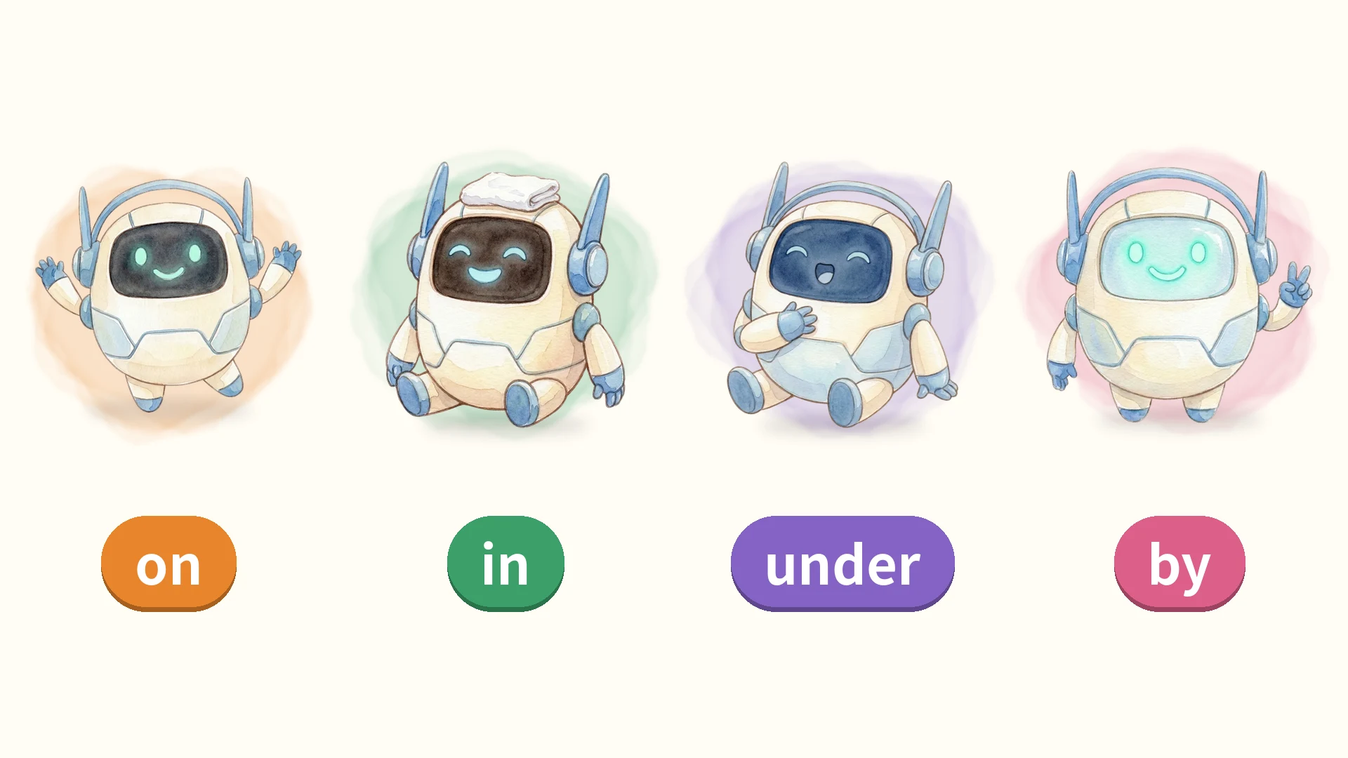on・in・under・by それぞれのリアクションをするジェムえもん
