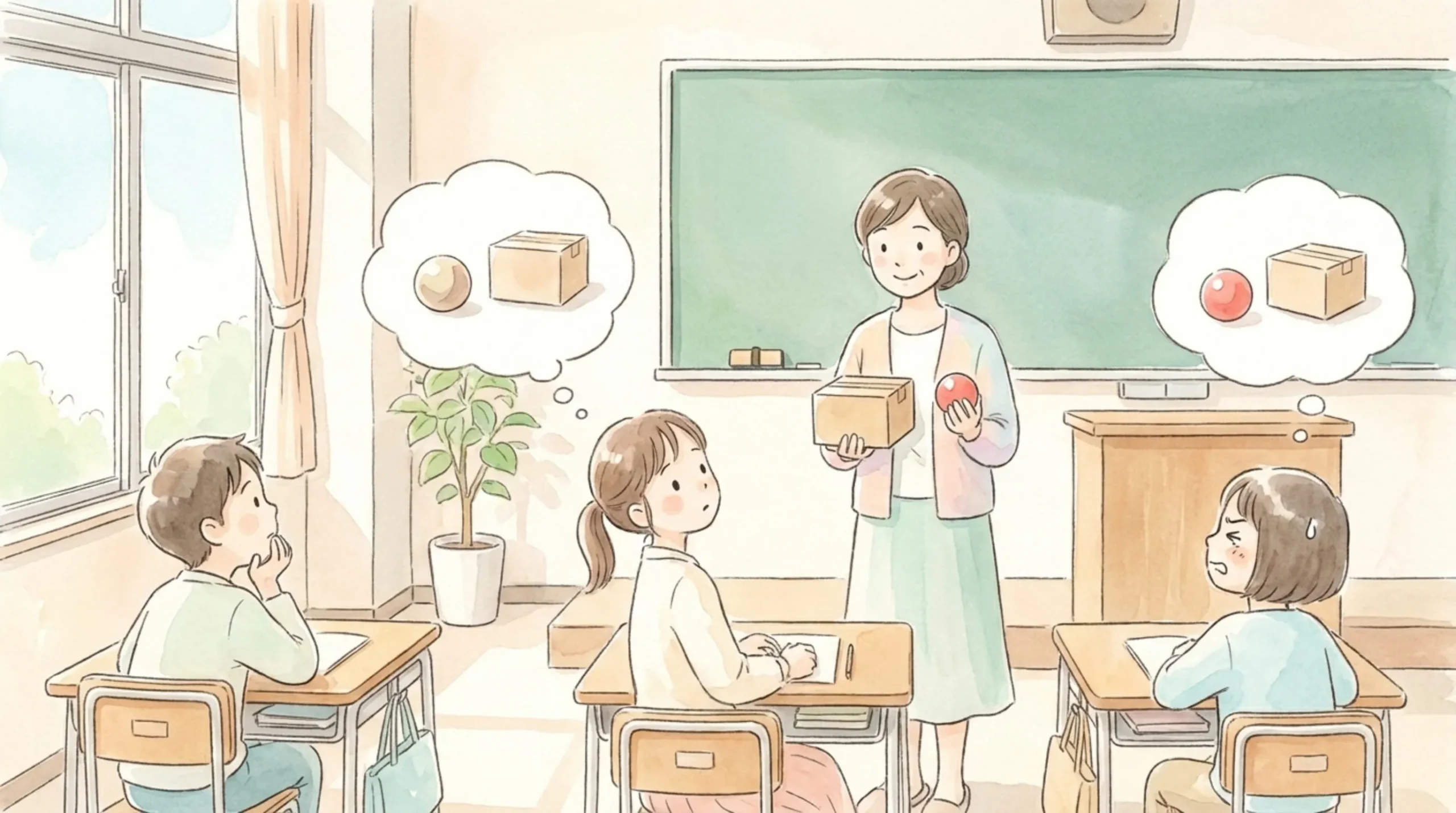 箱とボールで位置を見せる先生と、首をかしげる子どもたち