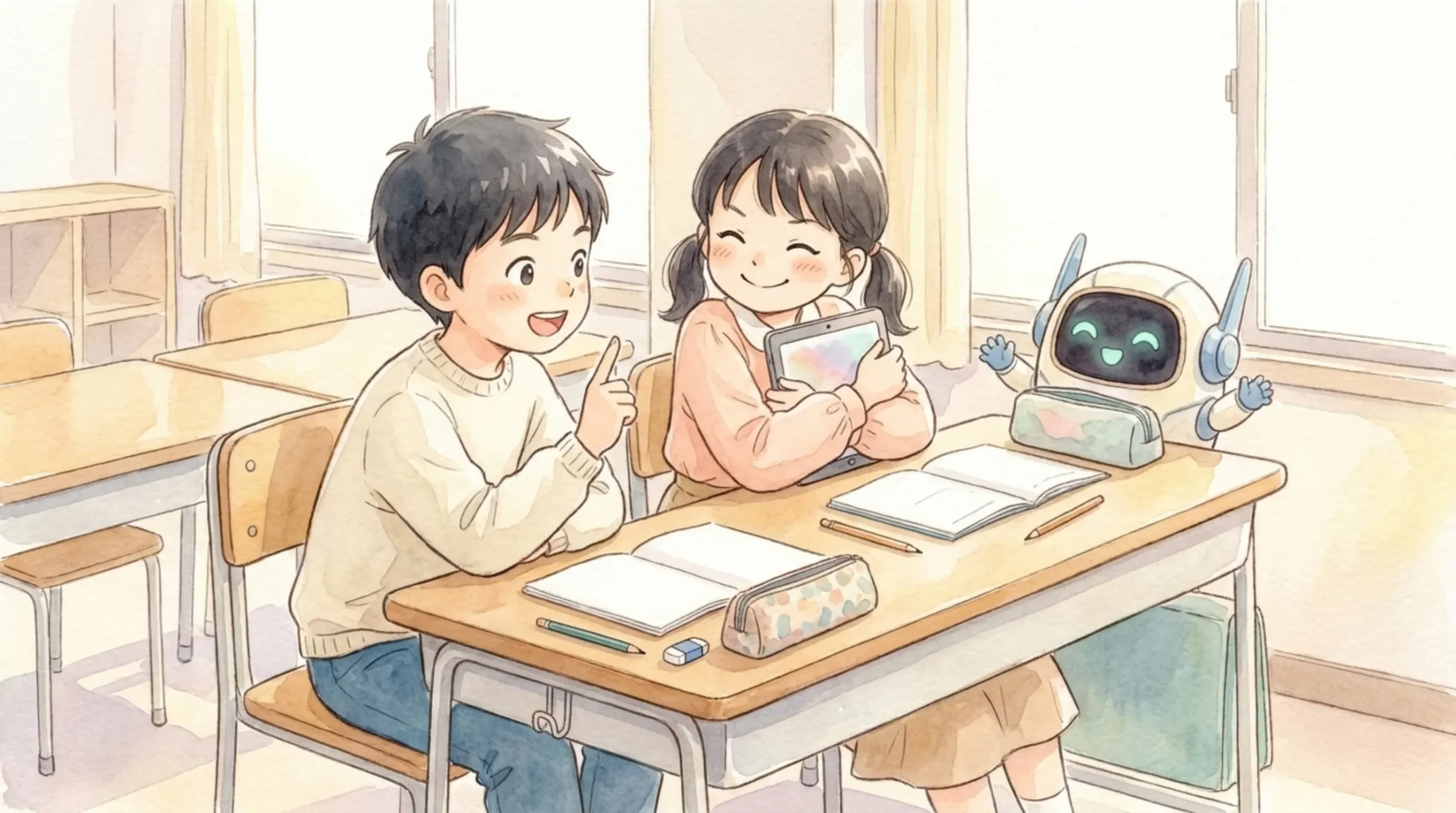 1台のタブレットでかくれんぼをして、英語でたずね合う2人の子ども